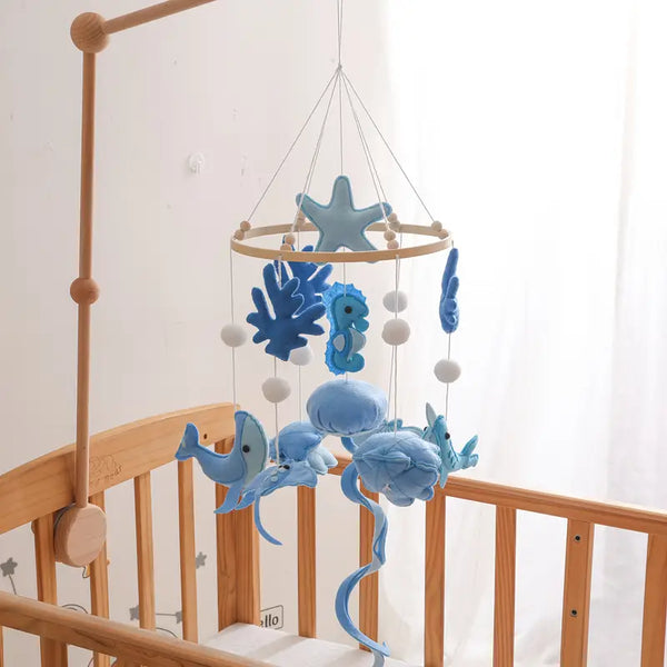 Handmade Ocean Baby Mobile | Blue Sea World Nursery Crib Mobile with Felt Seahorse, Narwhal & Jellyfish | Gender Neutral Baby Shower Gift