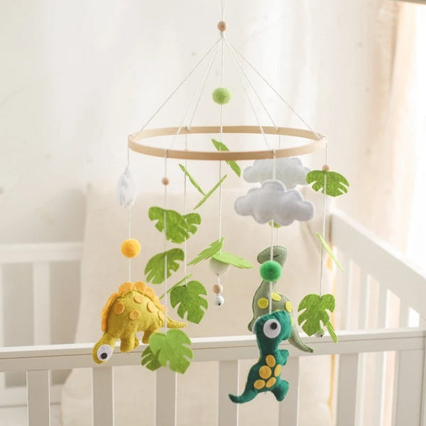 Adorable Dinosaur Baby Mobile with Felt Leaves & Clouds | Eco-Friendly Nursery Decor | Baby Shower Gift