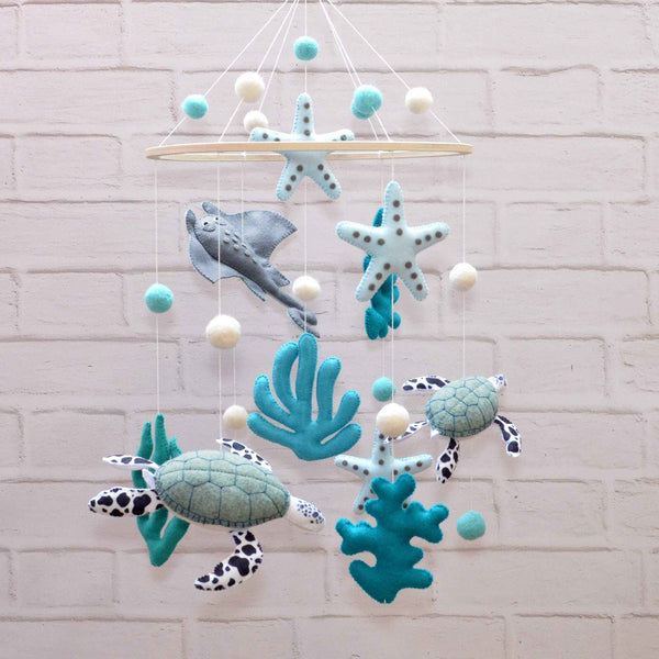 Ocean Baby Mobile for Nursery | Handmade Felt Sea Turtle, Starfish & Coral Crib Mobile