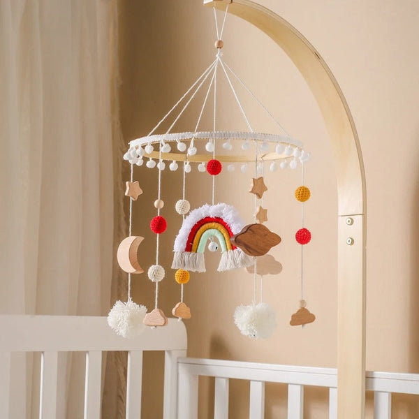 Natural Wooden Rainbow Baby Mobile with Crochet Details | Eco-Friendly Nursery Decor | Baby Shower Gift