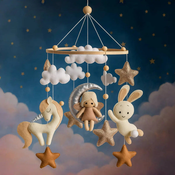 Cozybaby Fairy on the Moon Baby Mobile with Unicorn & Bunny Balloons | Nursery Crib Hanging Decor