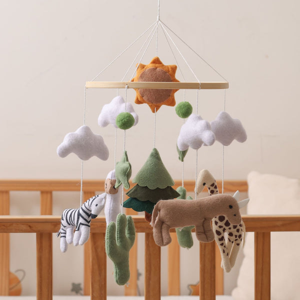 Safari Adventure Baby Mobile | Soft Felt Animal Nursery Mobile with Trees & Clouds | Ideal Baby Shower Gift