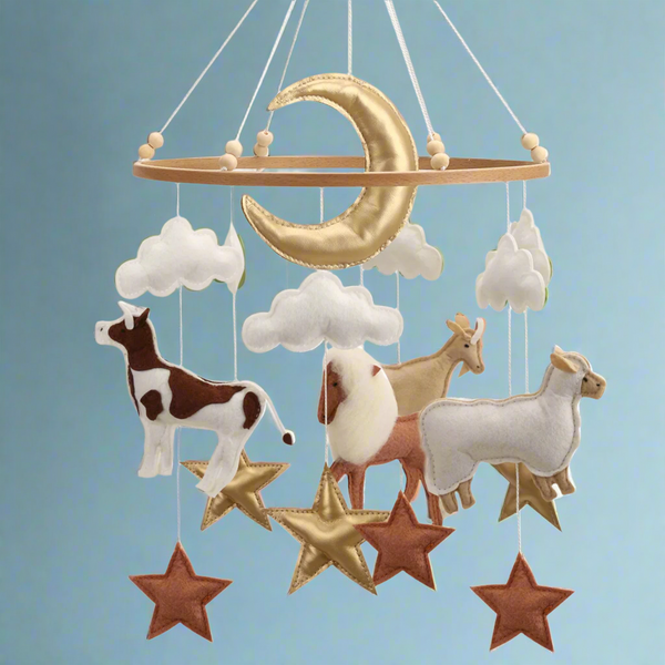 Cozybaby Neutral & Gold Farm Animals Felt Mobile | Handmade Nursery Mobile