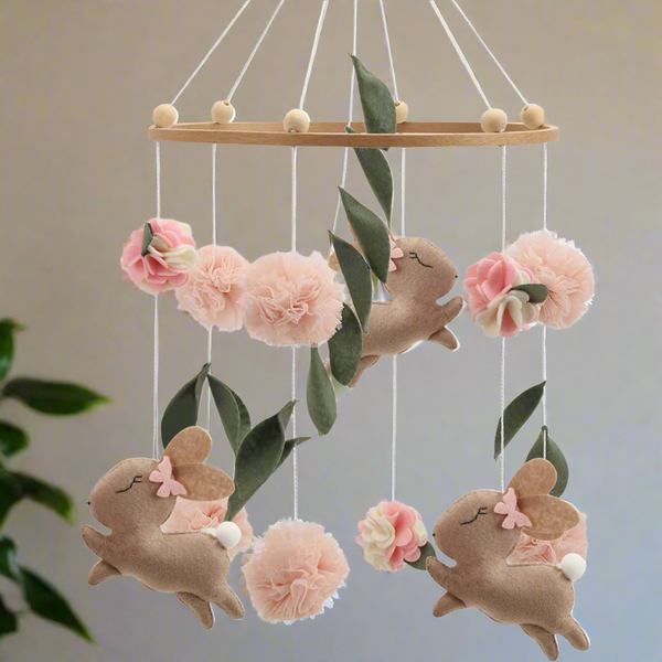 Cozybaby Handmade Bunny Rabbit Crib Mobile | Floral & Boho Nursery Decor | Soft Felt & Wooden